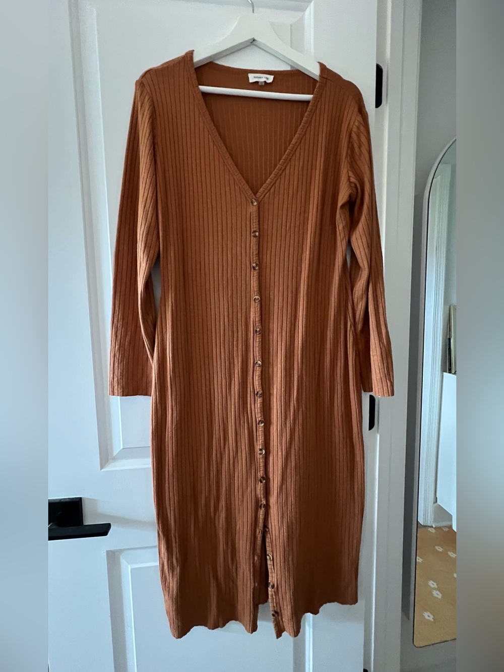 PinkBlush Rust Ribbed Button Front Midi Cardigan Maternity Dress - Picture 2 of 6